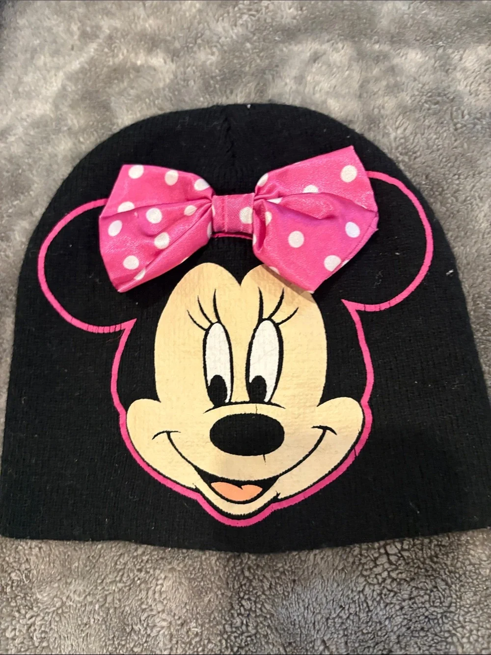 Disney Minnie Mouse Black Beanie with Pink Polka Dot Bow